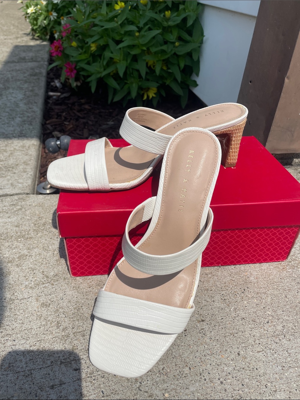 Kelly & Katie Cream Two-Strap Mid Block Heel Mules